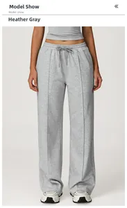 Detail of heather grey wide-leg sweatpants showing elastic drawstring waist and seam