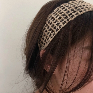 Elegant beige crochet knit headband for women with a minimalist woven mesh texture