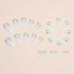 French white square false nails with silver glitter gradient and 24-piece full set layout