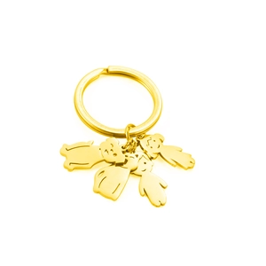 Golden stainless steel keychain with cute cartoon boy, girl, dog and cat silhouette charms