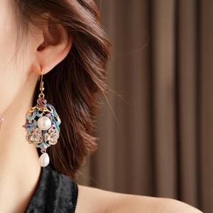 Vintage enamel earrings with flowers and pearls in a refined retro ethnic style