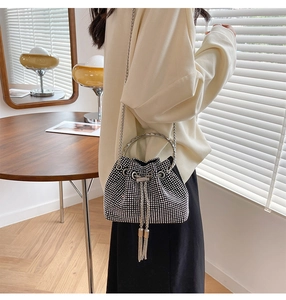 Mini rhinestone bucket bag with silver chain and drawstring shown on a model