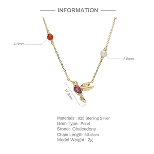 S925 silver hummingbird necklace with red garnet chalcedony and pearl pendant