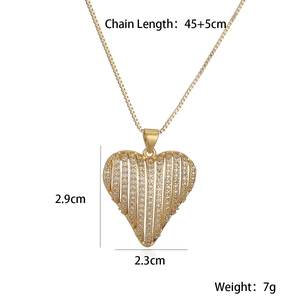 Gold plated heart pendant necklace with zircon crystals and detailed size measurements