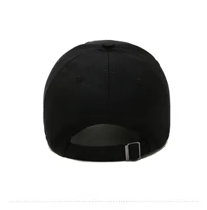Rear view of black cotton baseball cap showing adjustable metal buckle strap detail