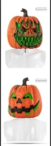 Detailed view of scary Halloween pumpkin latex masks featuring green teeth and rotten textures
