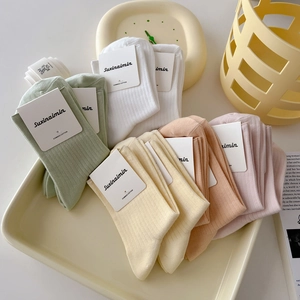 Colorful combed cotton mid-tube socks in pastel colors displayed on a cream tray