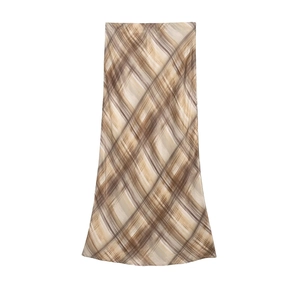 Damen-Midirock mit schickem Karomuster in Braun und Beige und seidiger Satin-Textur