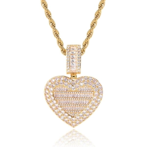 Hip hop heart photo locket pendant in gold with sparkling zircon stones for men