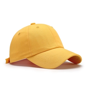 Bright yellow cotton baseball cap with adjustable strap shown from a 45-degree angle