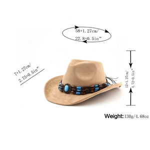 Detailed size guide of a camel suede fedora with ethnic beads and western hat dimensions