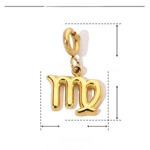 Detailed size chart showing a 16x9mm golden Virgo zodiac charm in stainless steel
