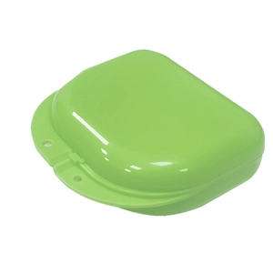Bright green orthodontic retainer case made of smooth plastic with ventilation holes