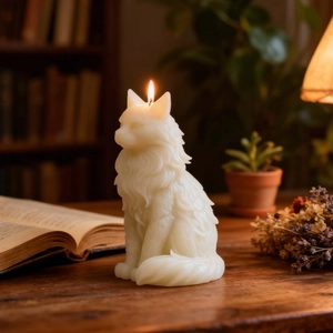 White Maine Coon cat candle featuring detailed fur texture and realistic sitting posture