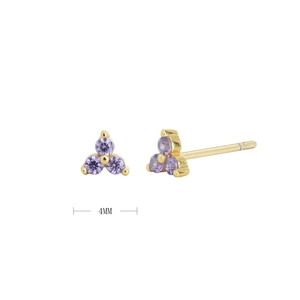 Detail view of 4mm gold triangle stud earrings with three purple round-cut gemstones