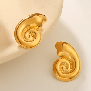 Elegant gold spiral conch shell stud earrings in stainless steel for beach fashion