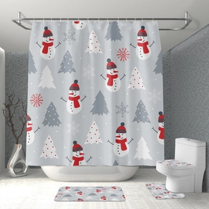 Detailed view of 4pcs Christmas shower curtain set with snowman in a cozy bathroom
