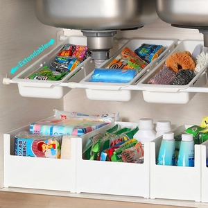 Expandable Under Sink Organizer Kitchen Storage Rack Plastic Adjustable Cupboard Shelf Multi Functional White