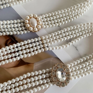 Fashionable multilayer pearl waist belt with rhinestone buckle and elastic beaded chain
