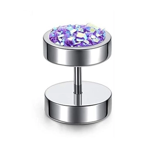 Macro shot of silver barbell stud earring with sparkling purple iridescent crystal inlay