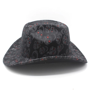 Black western cowboy hat with skull patterns and red glitter eyes for Halloween party