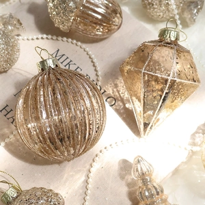Champagne gold vintage glass Christmas ornaments with pinecones and glitter accents