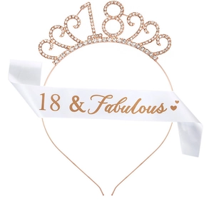 Detail of 18th birthday crown with rhinestones and 18 & Fabulous white satin sash