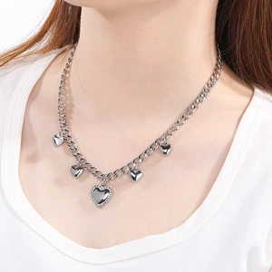 Silver stainless steel heart necklace with chunky chain and multiple heart pendants