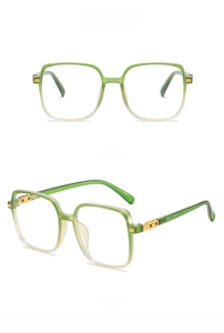 Detail view of square oversized frames with green gradient finish and gold metal hinges