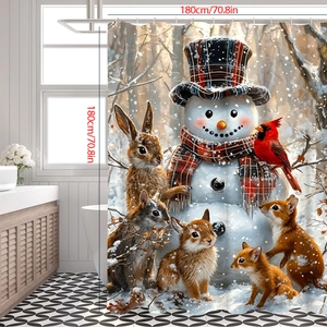 Winter snowman and woodland animal pattern waterproof polyester shower curtain 180x180cm