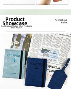 Detail view of textured faux leather passport holder and matching luggage tag with strap
