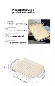 Detailed view of the double-layer rectangle drainage tray with dimensions and side handles