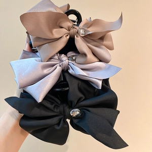 Satin Fabric Bow Hair Claw Clip Large Elegant Rhinestone Shark Clip Hairpin Women Accessories