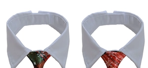 Detail of Christmas pet ties with festive plaid patterns and white shirt collar design