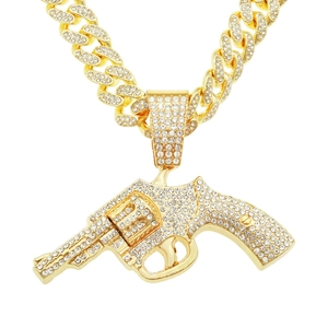 Hip Hop Gun Pendant Necklace Full Rhinestone Iced Out Zinc Alloy Cuban Link Chain Cool Streetwear Jewelry For Men Women