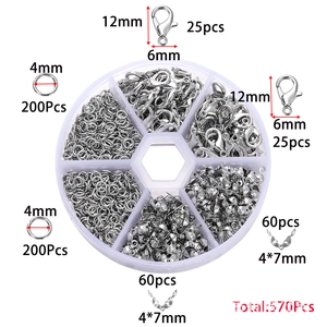 DIY jewelry kit with 570 silver lobster clasps and open rings in a 6-compartment box