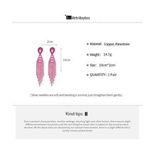 Pink rhinestone tassel earrings detail with measurement scale and product specifications