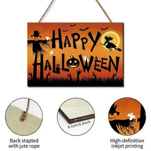 Detail showing 0.5cm thick wooden Halloween sign with jute rope and high-definition printing
