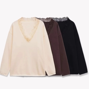 Women V-Neck Lace Trim Long Sleeve Knitted Sweater Casual Solid Color Loose Fit Soft Elegant Pullover Fashion Knitwear Top