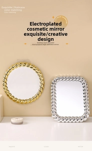 Close-up of European retro makeup mirror with woven frame for desk or wall mounting