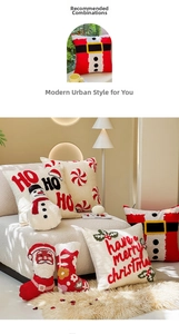 Detailed close-up of Christmas tufted pillows and festive stockings with holiday patterns