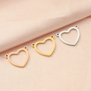 Three hollow heart-shaped stainless steel charms in rose gold, gold, and silver finishes