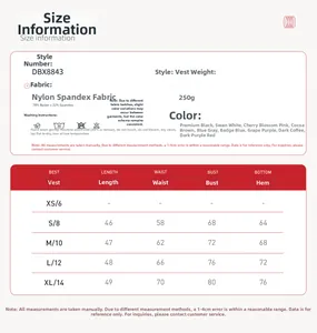 Size chart for women's racerback yoga vest with fabric specs and detailed measurements