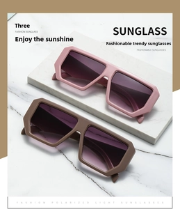 Detail view of large square polarized sunglasses with gradient lenses and thick frames