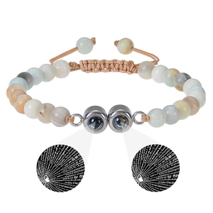 6mm natural stone beaded bracelet with 100 languages I Love You projection in golden rope