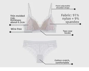 Détails d'un ensemble de lingerie en dentelle blanche avec bonnets fins et doubles crochets