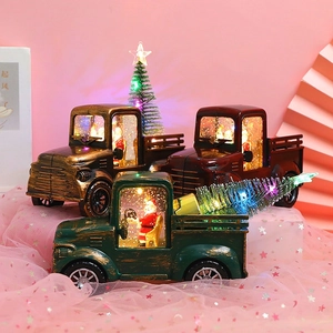 Vintage Christmas Santa Tractor Ornament LED Glowing Water Globe Light Retro Resin Plastic Holiday Tabletop Decoration