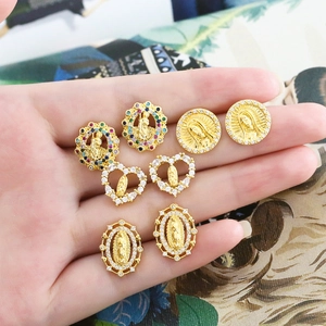 Religious Virgin Mary Stud Earrings Gold Plated Copper Colorful Cubic Zirconia Vintage Fashion Jewelry For Women