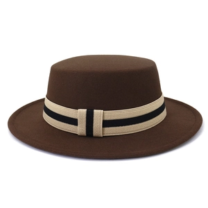 Classic dark brown wool boater hat featuring a stylish striped decorative ribbon band