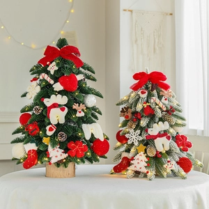 Nordic mini flocked Christmas trees with felt ornaments and wooden base for tabletop decor
